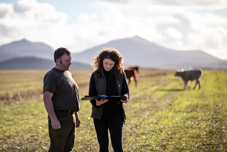 A man and woman stand in a paddock looking at a folder of information. Cows stand in the background.