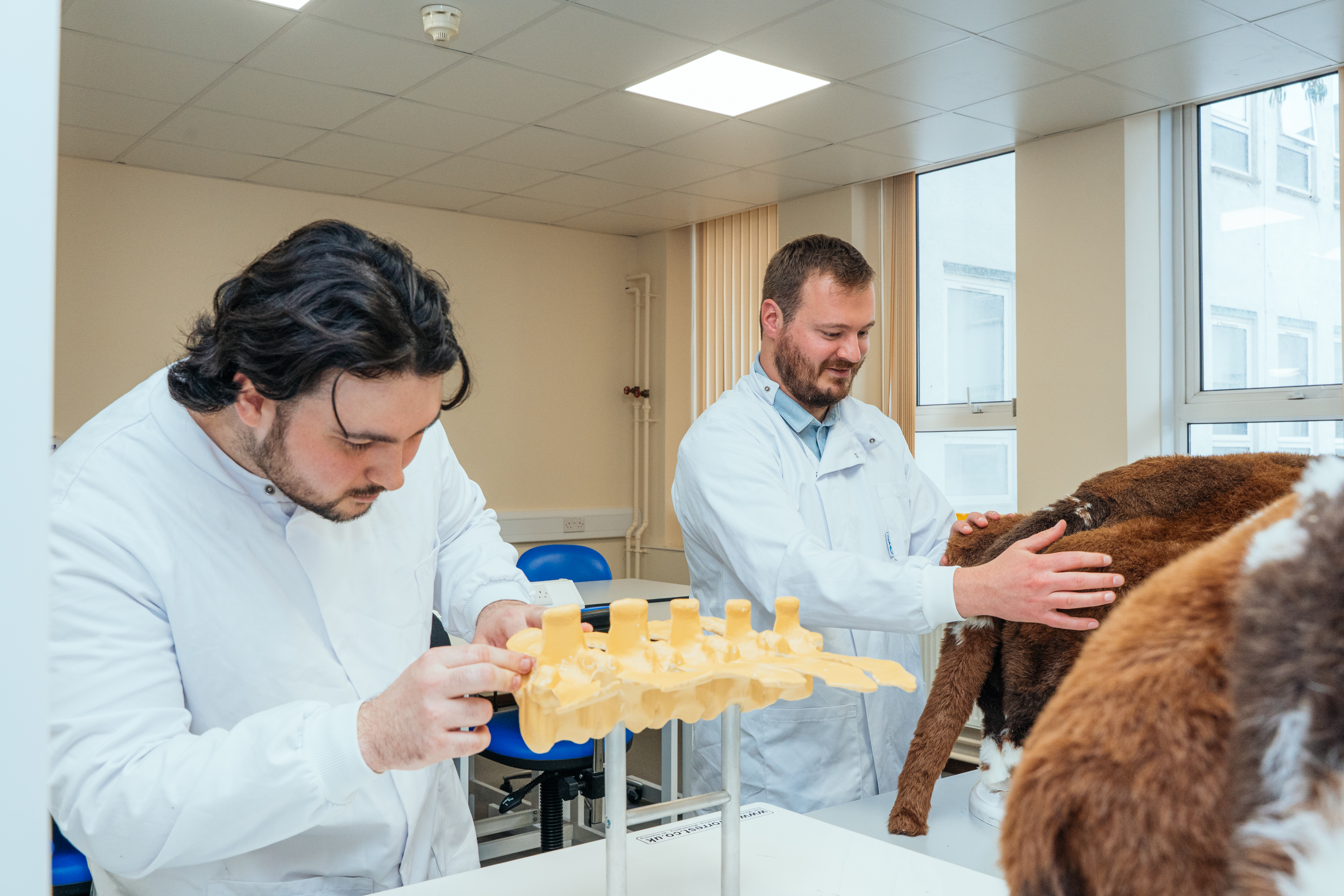 Two men in white lab coats are working in a laboratory setting